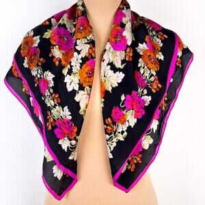 Scarf Womens Classy Fashion Pink Black Floral Chic Silky Polyester 30" Square